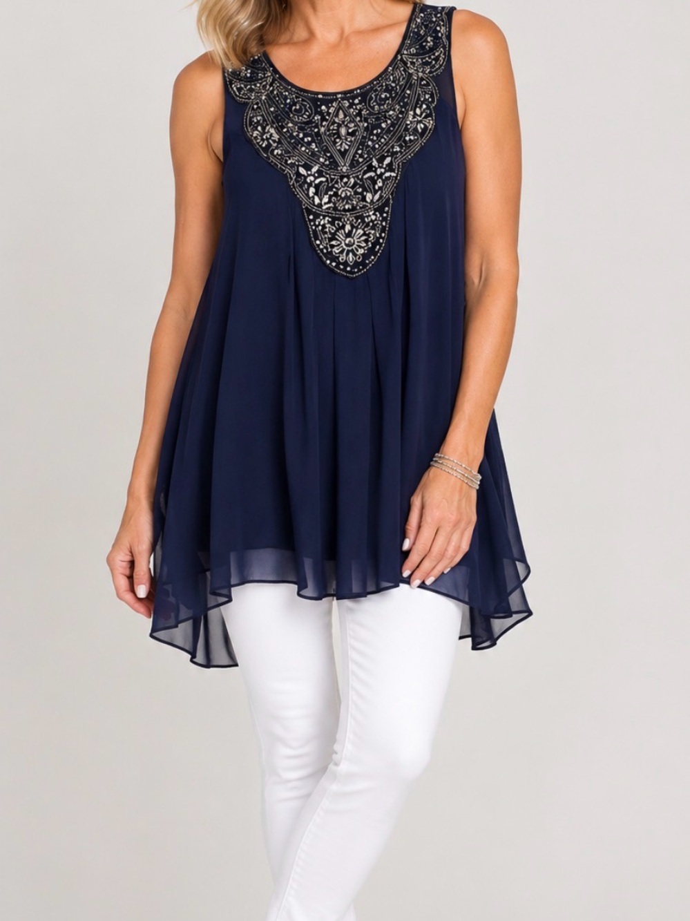 Gorgeous tunic top or short dress in royal blue beading front/back, soft/flowy